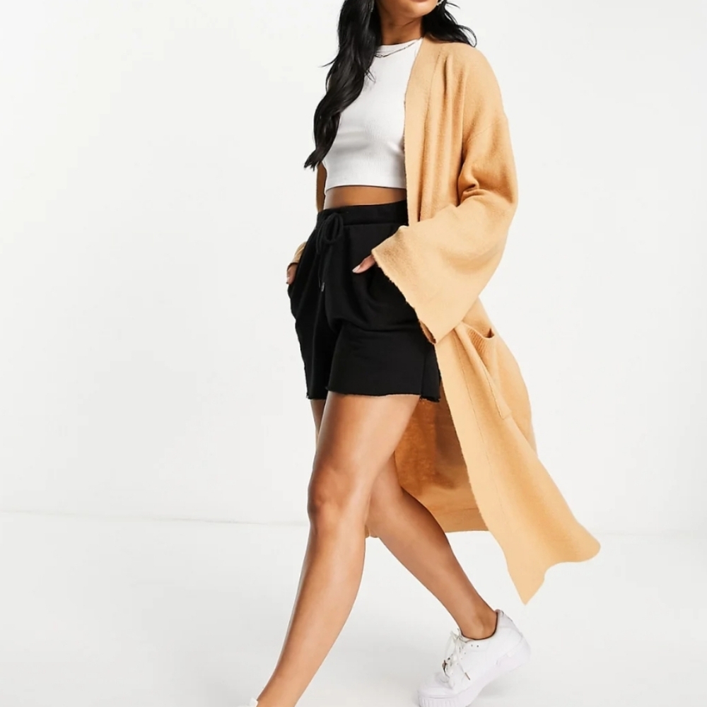 Threadbare emerald tie waist maxi cardigan in mushroom